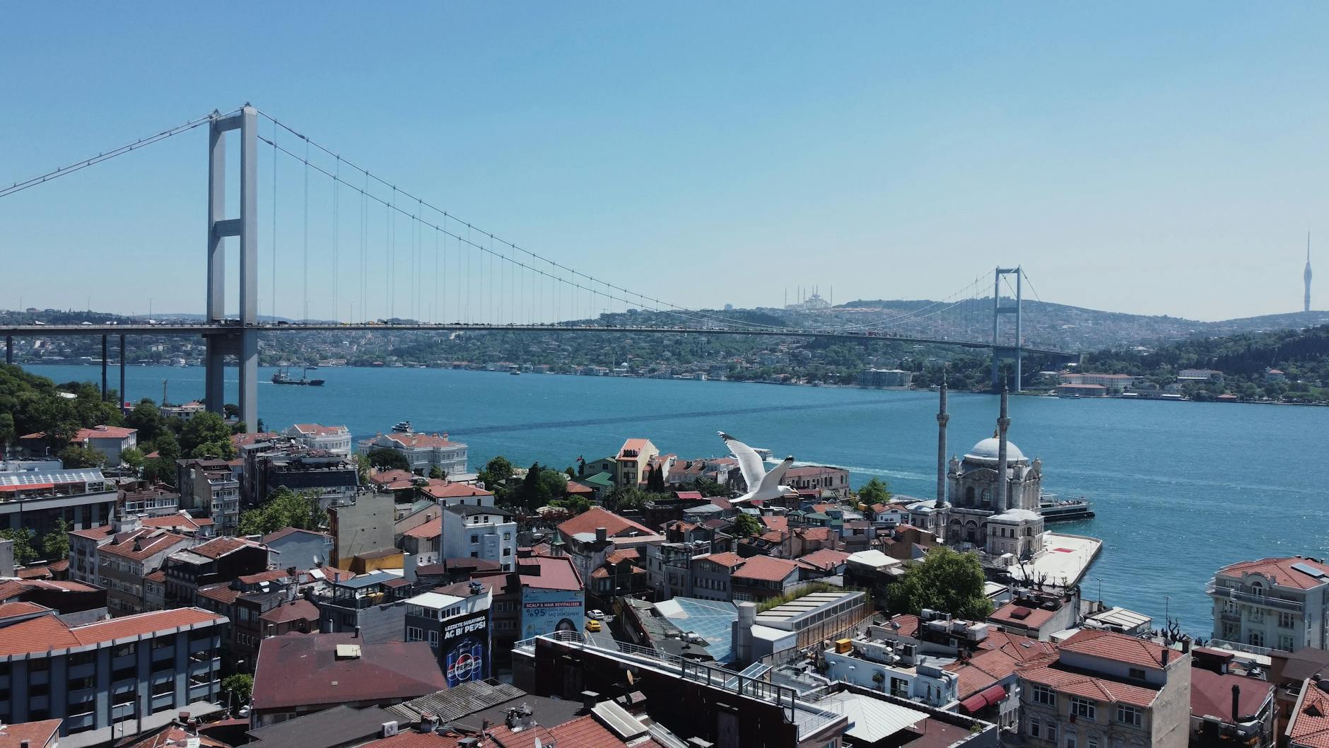 青空の下に広がるオルタキョイ・モスクとボスポラス大橋のパノラマ風景。